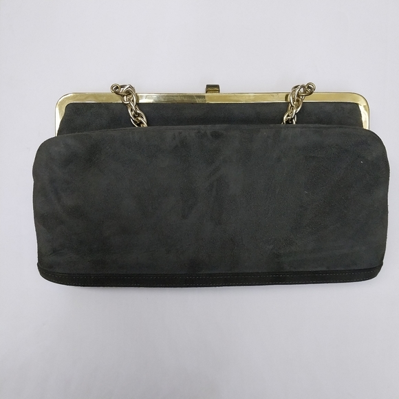 1950s Suede Shoulder Bag Convertible Clutch Madwed Gray Foldover Gold Chain - Picture 4 of 9